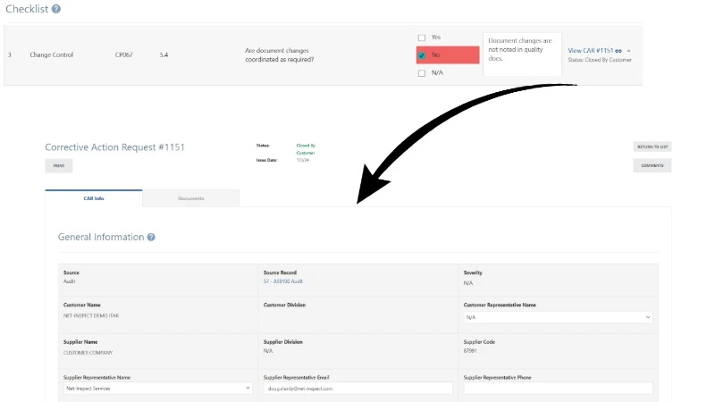 Image of Net-Inspect Quality Audit Management Software, CAR generated from quality audit